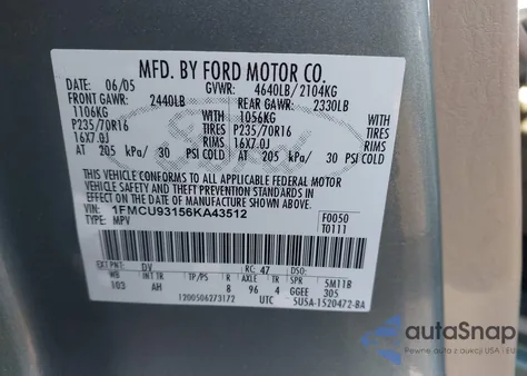 2006 Ford Escape Xlt/Xlt Sport from USA, damaged, VIN 1FMCU93156KA43512